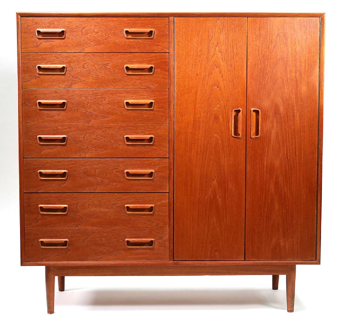 1960s Danish Modern Teak Armoire Chest of Drawers: Mid-century Modern Scandinavian gentleman's chest or dresser. 48" wide and 49" high. Has seven drawers on left and two doors enclosing eight drawers inside. Very fine condition, with minimal wear. Wel
