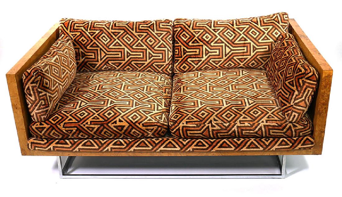 MILO BAUGHMAN Burl Wood Loveseat Midcentury Modern: Midcentury Modern period love seat with original upholstery by Milo Baughman, measuring 58" wide, 34" deep and 24-1/2" high. Excellent condition, with minimal noticeable wear. Thayer Coggin label stil