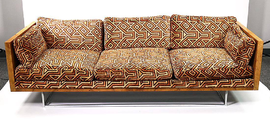 MILO BAUGHMAN Burl Wood SOFA Midcentury Modern: Midcentury Modern period sofa with original upholstery by Milo Baughman, measuring 84" wide, 34" deep and 24-1/2" high. Excellent condition, with minimal noticeable wear. One of four matching Baughman
