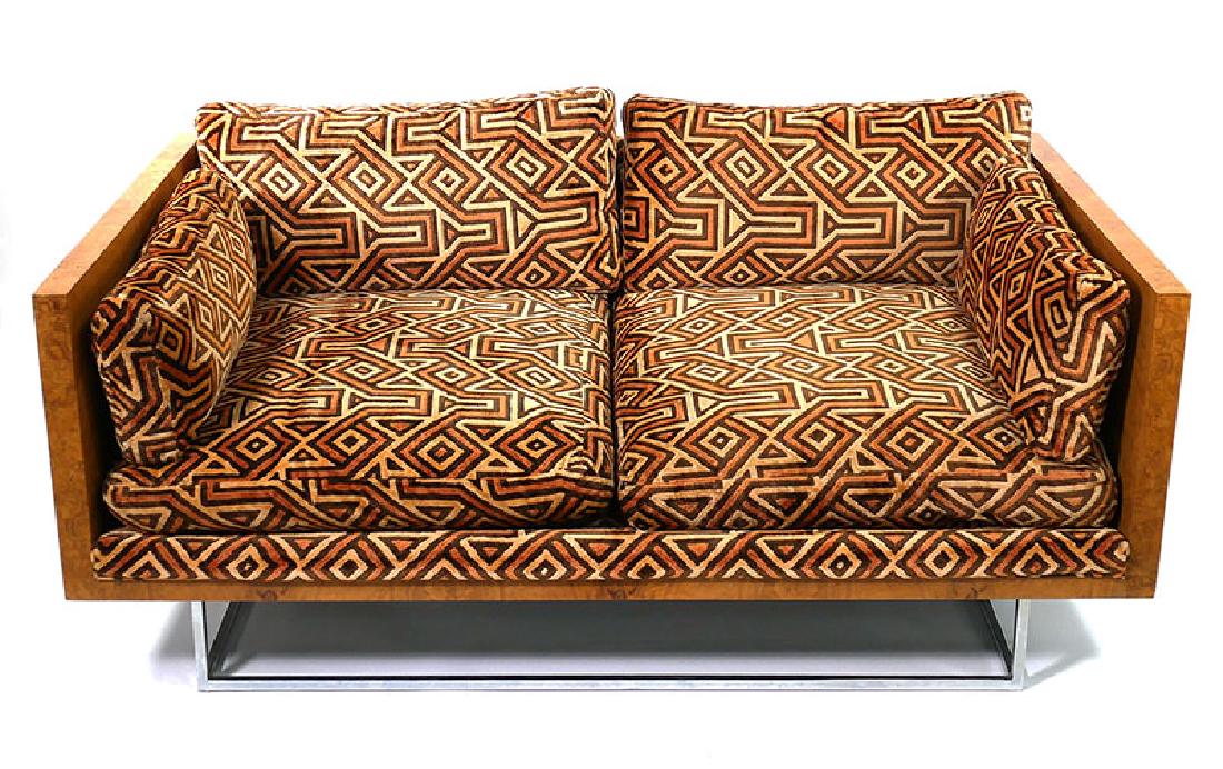 MILO BAUGHMAN Burl Wood Loveseat Midcentury Modern: Midcentury Modern period love seat with original upholstery by Milo Baughman, measuring 58" wide, 34" deep and 24-1/2" high. Excellent condition, with minimal noticeable wear. One of four matching Bau