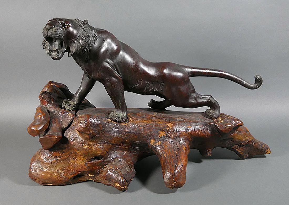 Meiji Japanese Bronze Tiger Statue Artist Signed: Antique Meiji era Japanese large bronze tiger sculpture on carved rootwood base. Glass eyes, highly detailed. Artist signature on underside of tiger. Tiger bronze itself measures 19-1/2" long, 14" hig