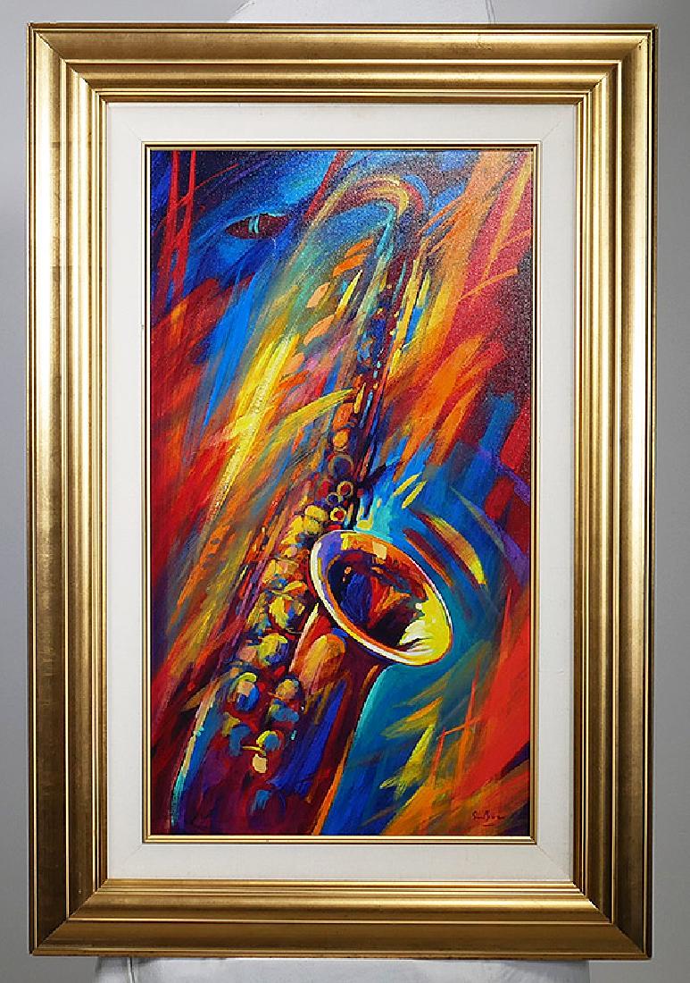 SIMON BULL Saxophone Player Giclee Painting: Fine Jazz Saxophone giclee by Simon Bull in excellent condition. Measures 32" x 17-7/8" in 43-1/4" x 29-1/2" frame.