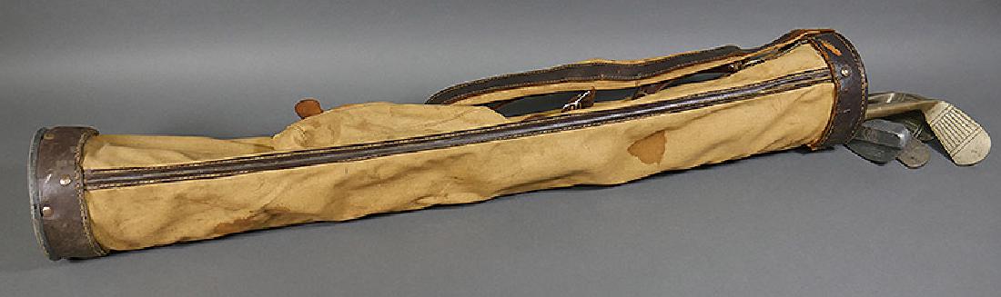 c1915 Cloth & Leather Golf Bag Four Hickory Clubs: Century-old golf bag with four clubs from the period: A putting cleek, a niblick, a mashie and a mallet putter. All shafts in good condition, with typical head wear.
