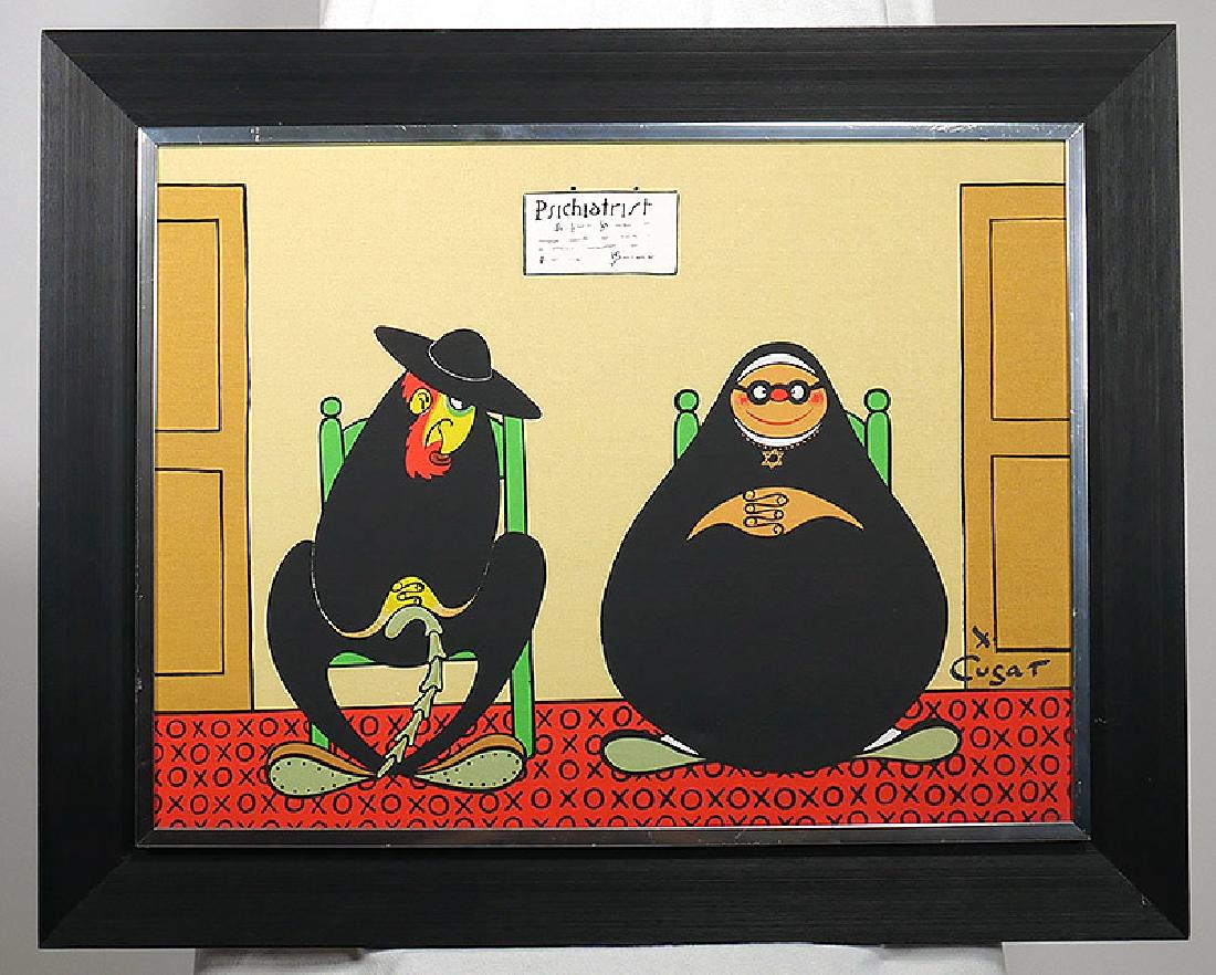 XAVIER CUGAT Rabbi & Nun at Psychiatrist on Canvas: Color screenprint, signed lower right, by Xavier Cugat (Cuban, 1898-1990), famed bandleader and cartoon artist. Depicts a rabbi and a nun in a psychiatrist's waiting room. The nun is wearing a star of