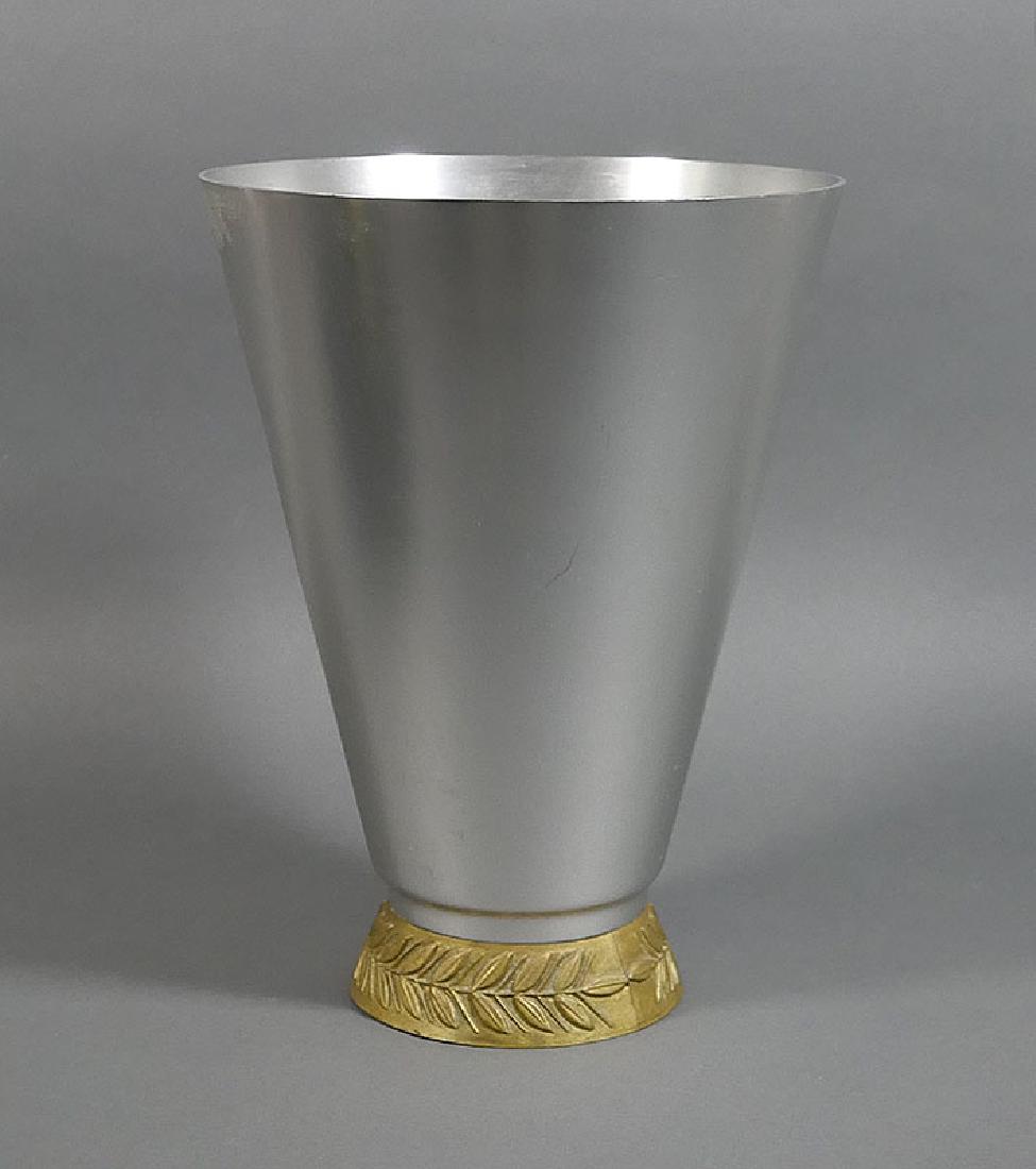 Lurelle Guild ART DECO Kensington Aluminum Vase: Scarce original Deco era (not 1970s repro) aluminum and brass vase, measuring 10" high and 7-1/2" diameter. Designed by Lurelle Guild (American, 1898-1985), a famed industrial designer most famous for
