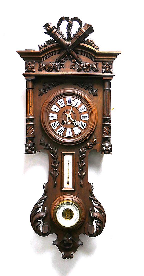 Antique French Cartel Type Walnut Wall Clock: Keywind. Porcelain numbers with thermometer and barometer. Works. 38" high x 16-1/4" wide. Good condition.