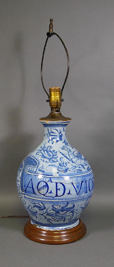 Early Euro Blue & White Stoneware Vase Lamp Italy: Very old stoneware vase, possibly 1700s Italian, converted to table lamp body. Lavishly decorated. Several craze marks and cracks, but holding together well for its advanced age. Vase itself measures 