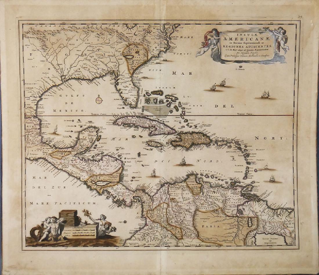 1680 Handcolored Map of America by Visscher: Authentic antique hand-tinted map of the (now) southern U.S., Caribbean, Central America and part of South America. Made circa 1680 by Nicholas Visscher. Unframed. Nice condition, with some edge tonin