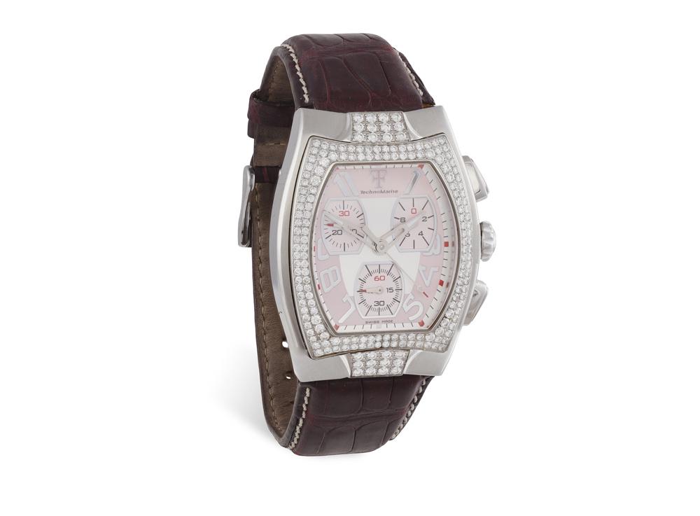 A STAINLESS STEEL AND DIAMOND-SET QUARTZ CHRONOGRAPH: A STAINLESS STEEL AND DIAMOND-SET QUARTZ CHRONOGRAPH WRISTWATCH, BY TECHNOMARINE, LIMITED EDITION FOR THEO FENNEL, of quartz movement, pink dial with Arabic numerals, luminous hands, 3 subsidiary dial