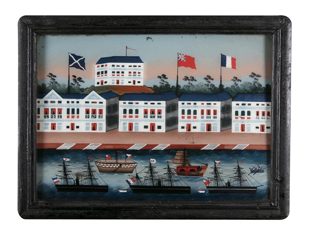 A CHINESE REVERSE PAINTED GLASS PICTURE 'VIEW OF (1 of 8)