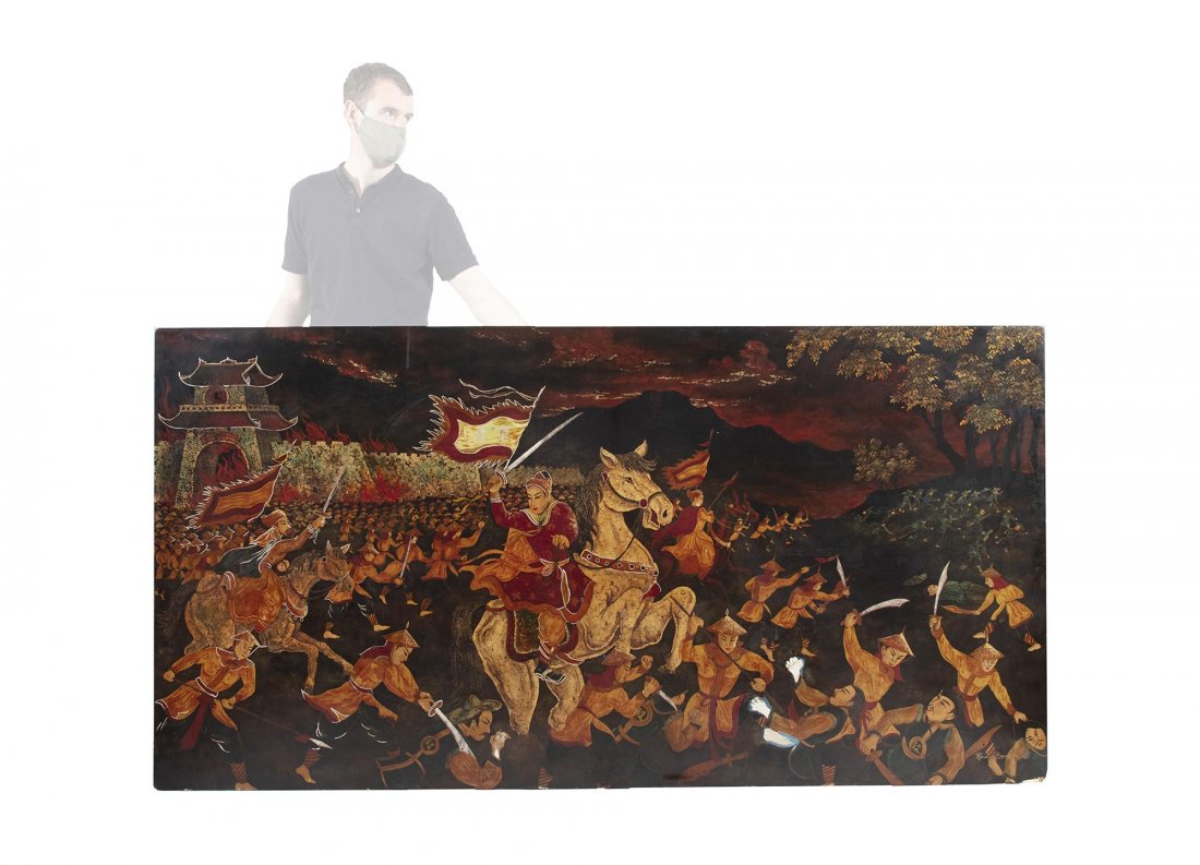 A MONUMENTAL: A MONUMENTAL 'BATTLE' LACQUERED WOODEN PANEL BY HOANG NGOC (Active 20th century) Vietnam /Indochina, 20th century Depicting a lively and dramatic battle with swords and beheaded warriors. Signed to th