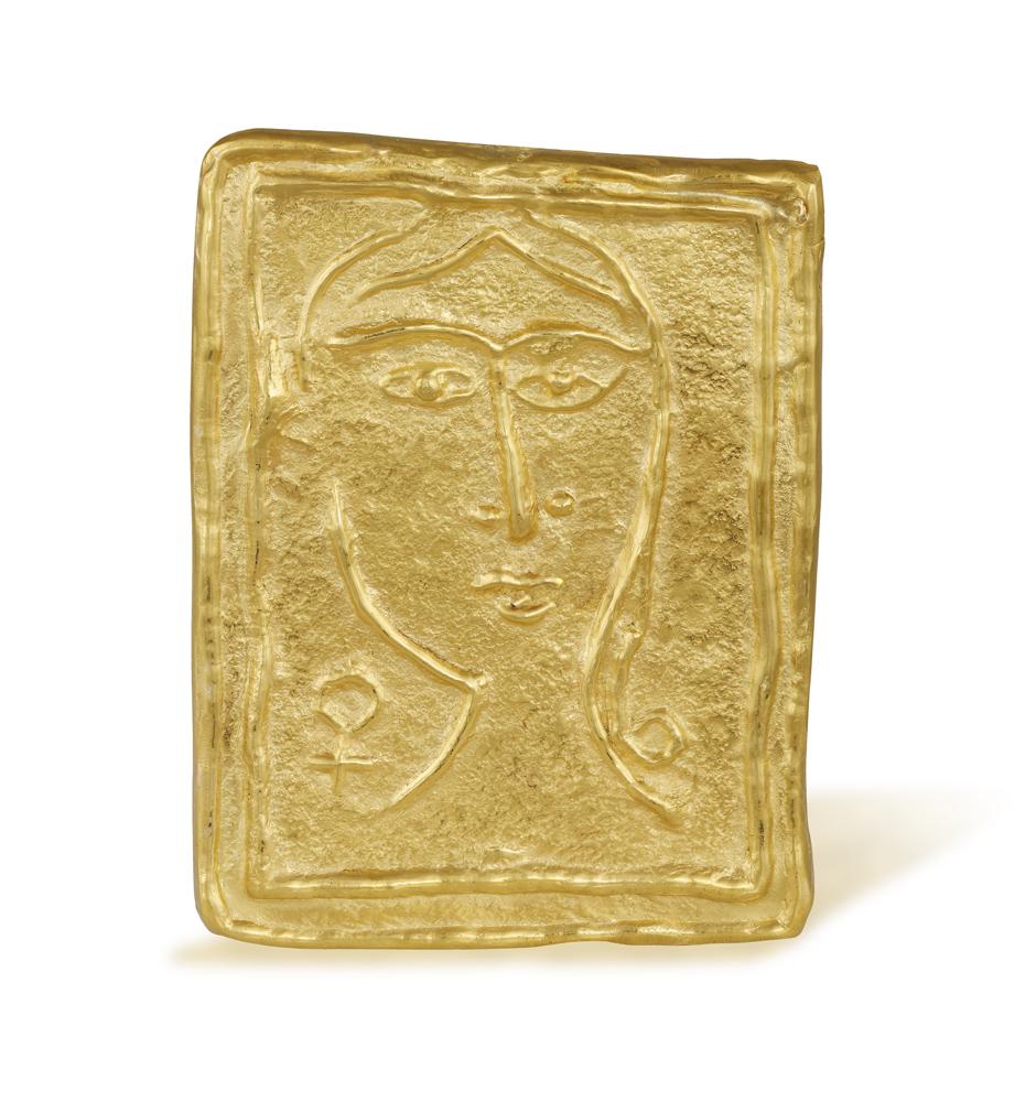 A RARE AND COLLECTIBLE GOLD 'PETITE TÊTE CARÉ: A RARE AND COLLECTIBLE GOLD 'PETITE TÊTE CARÉE' PENDANT, BY ANDRÉ DERAIN (1880-1954) A rare 23K gold pendant, conceived circa 1965, stamped with the artist's signature, incised 'Exempla