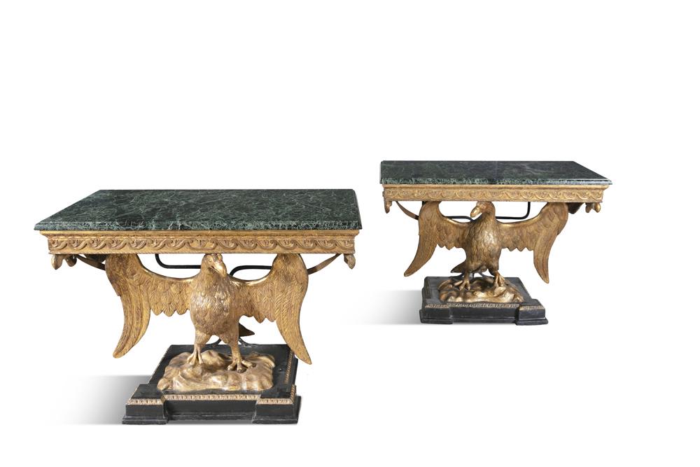 A PAIR OF 19TH CENTURY GEORGE III STYLE GILTWOOD: A PAIR OF 19TH CENTURY GEORGE III STYLE GILTWOOD CONSOLE TABLES, in the manner of William Kent, the green variegated marble tops above a continuous frieze of Vitruvian scrolls in relief, raised by wel