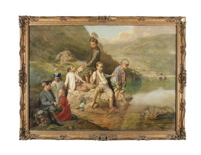 STYLE OF WILLIAM MULREADY RA Children Playing by a: ***PLEASE NOTE ARTIST SHOULD READ***CHARLES RUSSELL (1852-1910)Children Playing by a River in a Mountain LandscapeOil on canvas, 91.5 x 127cmSigned lower right and dated 1879