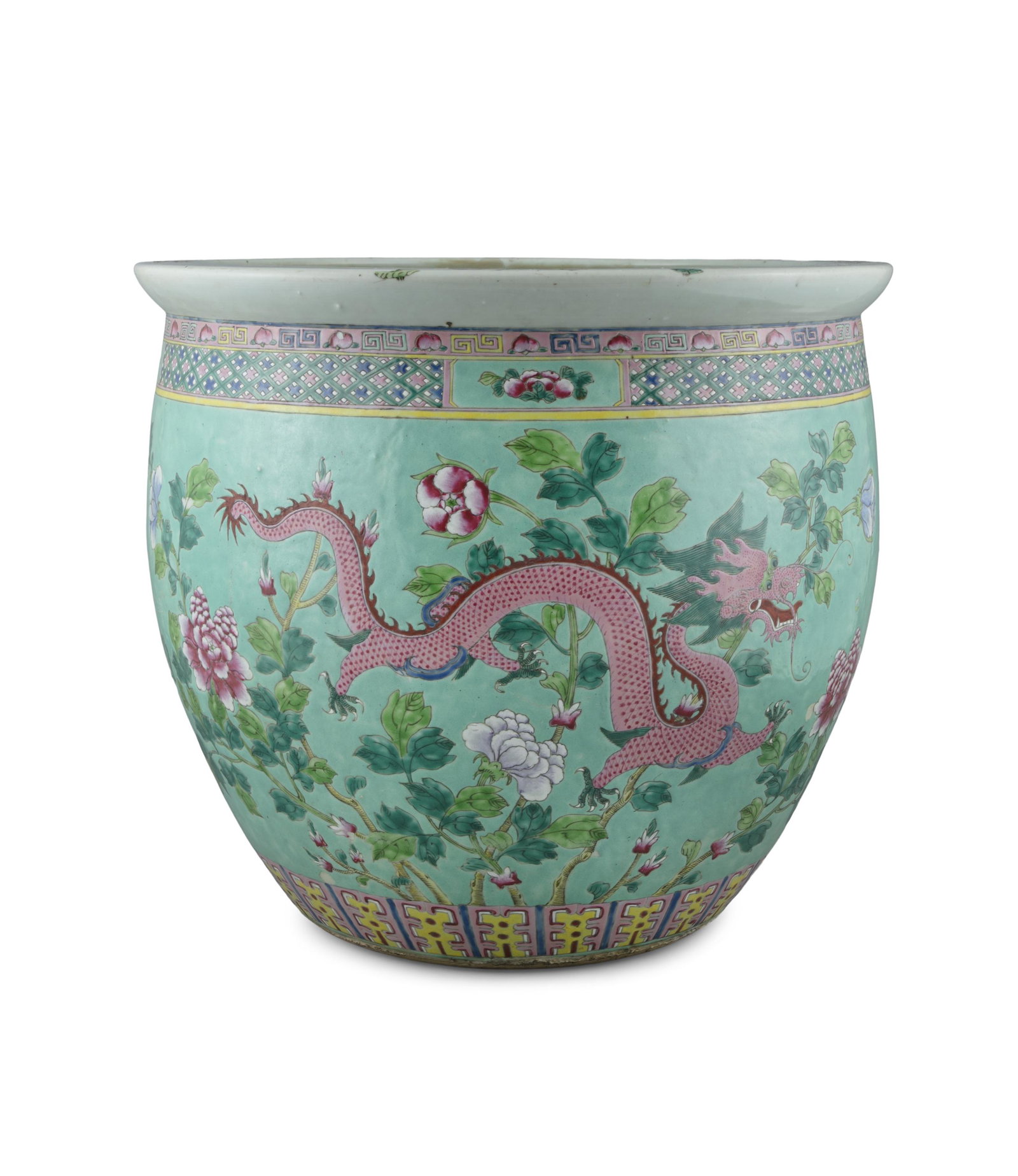 A MASSIVE PALACE SIZED ‘TWIN DRAGONS’: A MASSIVE PALACE SIZED ‘TWIN DRAGONS’ PORCELAIN FISHBOWL China, Late Qing Dynasty, Guanxu period Adorned in vivid enamels with two five-claw dragons flying amidst clouds in pursuance of th