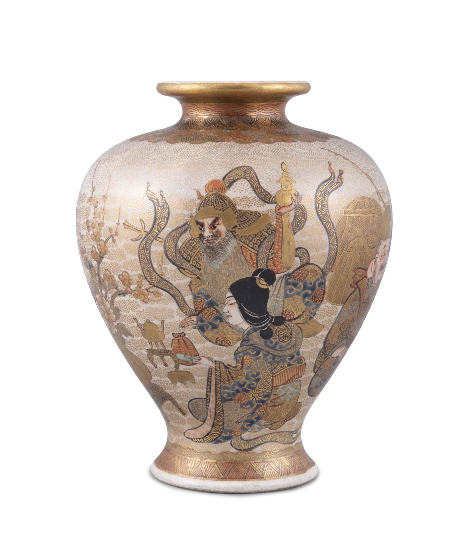 A SATSUMA EARTHENWARE ‘SHICHIFUKUJIN 七: A SATSUMA EARTHENWARE ‘SHICHIFUKUJIN 七福神’ BALUSTER VASE Japan, Meiji period Richly adorned in polychromed and gilt enamels with the Japanese Seven Gods of Happiness, i