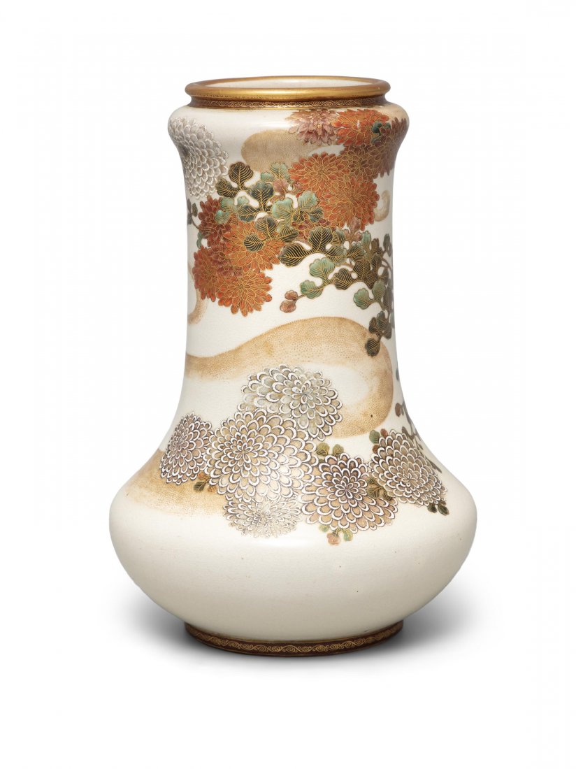 A BALUSTER SATSUMA VASE POSSIBLY BY SEIKOZAN Japan,: A BALUSTER SATSUMA VASE POSSIBLY BY SEIKOZAN Japan, Meiji period Resting on a short ring foot, with a compressed globular body a slightly garlic neck. Richly adorned in gilt and polychrome enamels wit