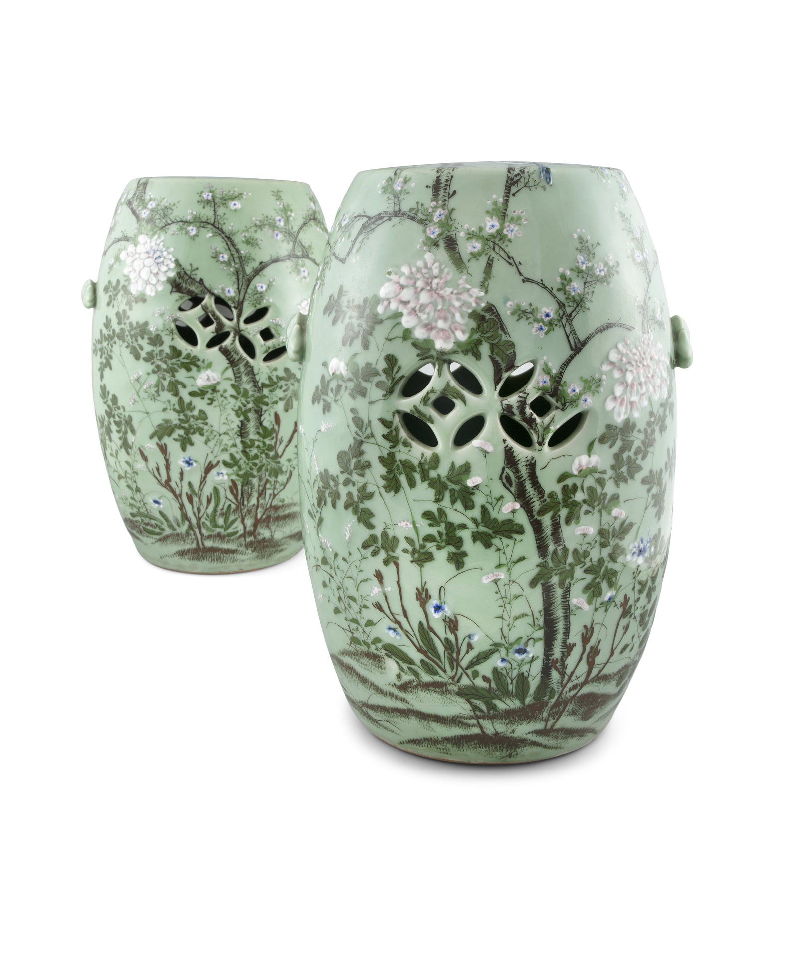A PAIR OF SETO PORCELAIN BARREL-SHAPED GARDEN STOOLS: A PAIR OF SETO PORCELAIN BARREL-SHAPED GARDEN STOOLS Japan, Meiji period Of barrel shape, with two dragon-shaped applied handles to the upper part, with open-worked coin / sapeques to the sides, adorn