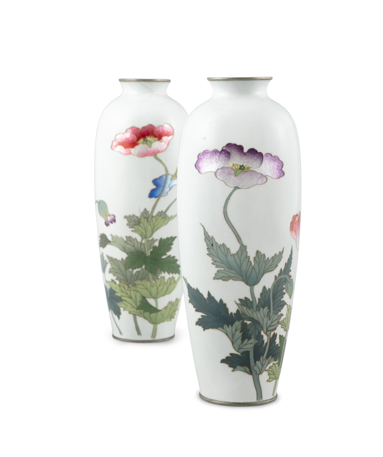 A PAIR OF CLOISONNE ENAMEL VASES BY OTA JIN’NOE: A PAIR OF CLOISONNE ENAMEL VASES BY OTA JIN’NOE (1858-1907) Japan, Meiji period Of elongated ovate shapes, both adorned in vivid enamels with flowers against a light cream white ground. Both bel