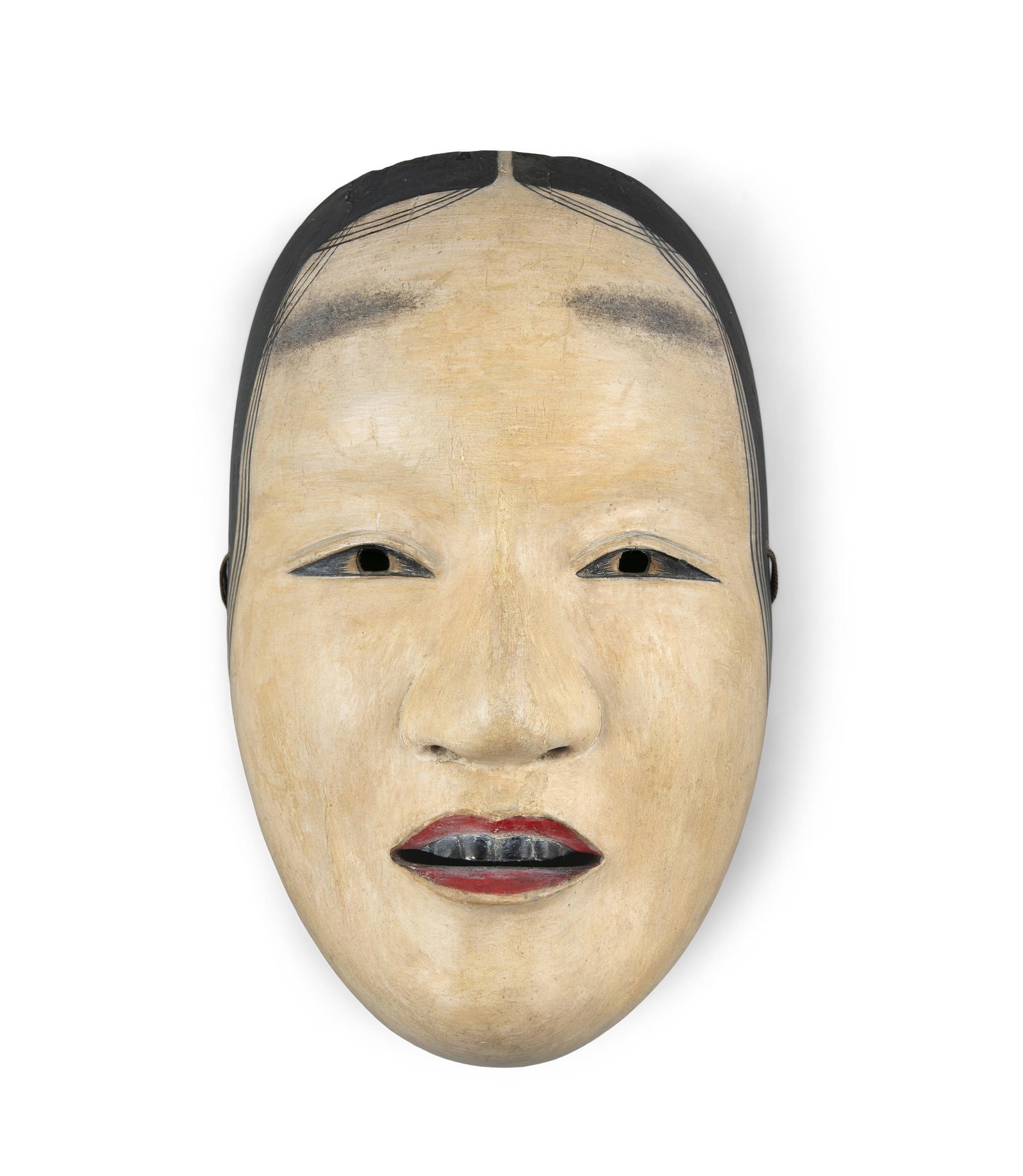 A IMPORTANT NOH THEATER MASK OF FUKAI Japan, Edo period: A IMPORTANT NOH THEATER MASK OF FUKAI Japan, Edo period A lacquered wooden mask, the inner part shows a deep dark patina with an old label, the 2 characters “Fu kai” and the hiragana chara