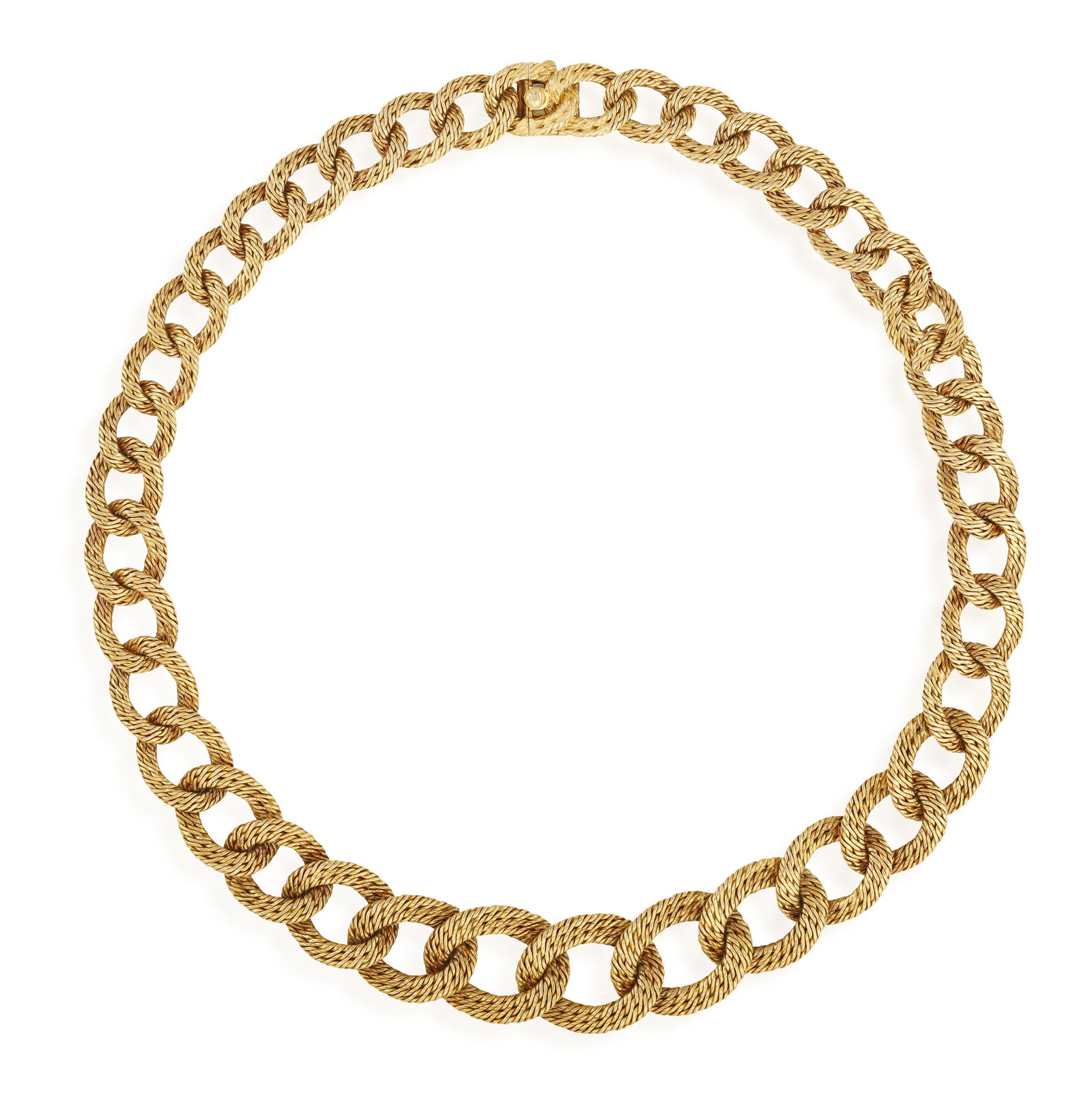 A RARE GOLD NECKLACE, BY GEORGES LENFANT FOR VAN CLEEF: A RARE GOLD NECKLACE, BY GEORGES LENFANT FOR VAN CLEEF & ARPELS, CIRCA 1960 Designed as a series of graduated textured gold curb links, in 18K gold, signed VCA, numbered, with maker's mark 'GL' for Ge