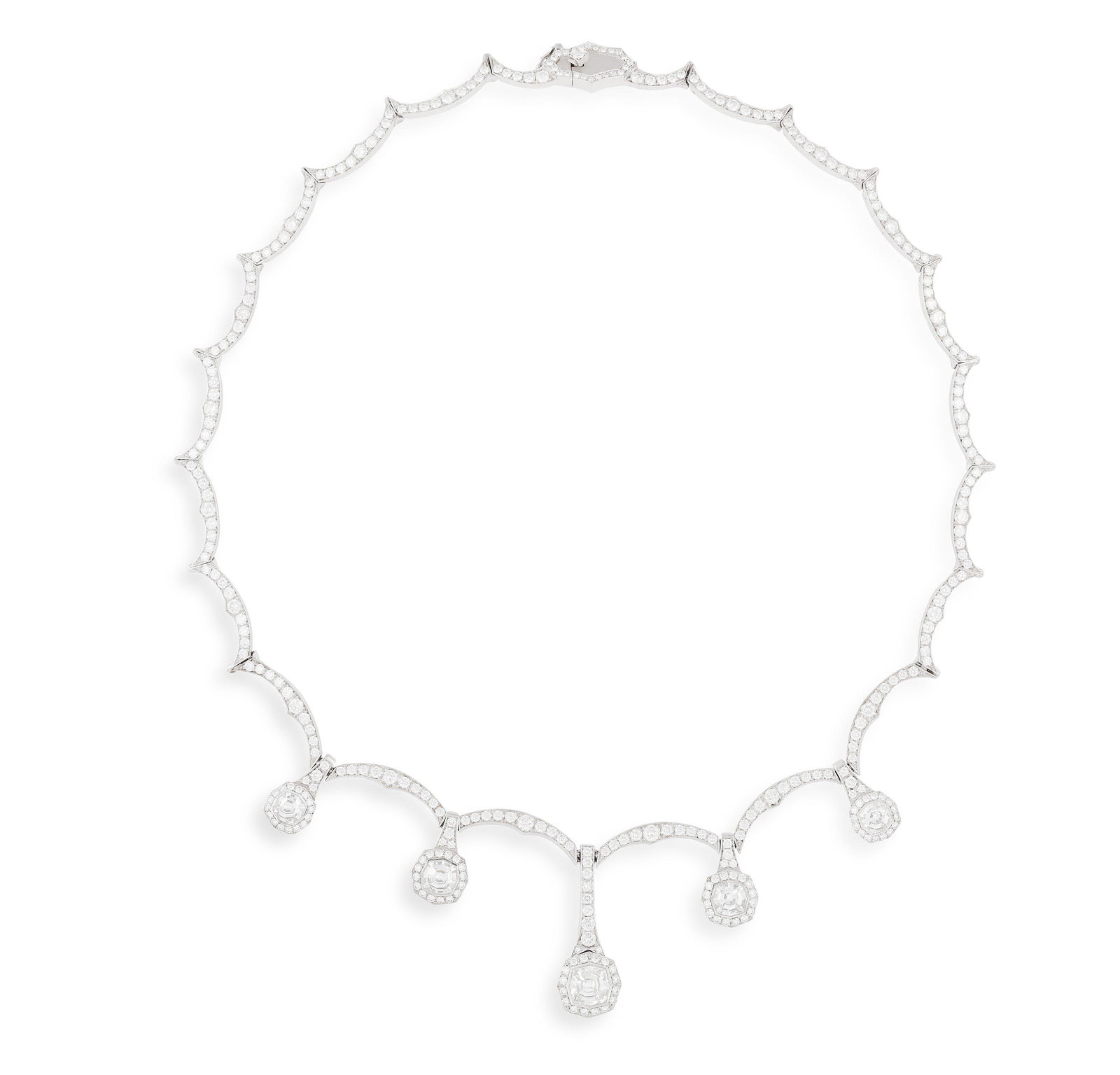 AN IMPORTANT DIAMOND 'FEMME FATALE' NECKLACE, BY: AN IMPORTANT DIAMOND 'FEMME FATALE' NECKLACE, BY STEPHEN WEBSTER, CIRCA 2005Designed as a series of graduated scalloped links set with brilliant-cut diamonds, suspending to the front five similarly-se