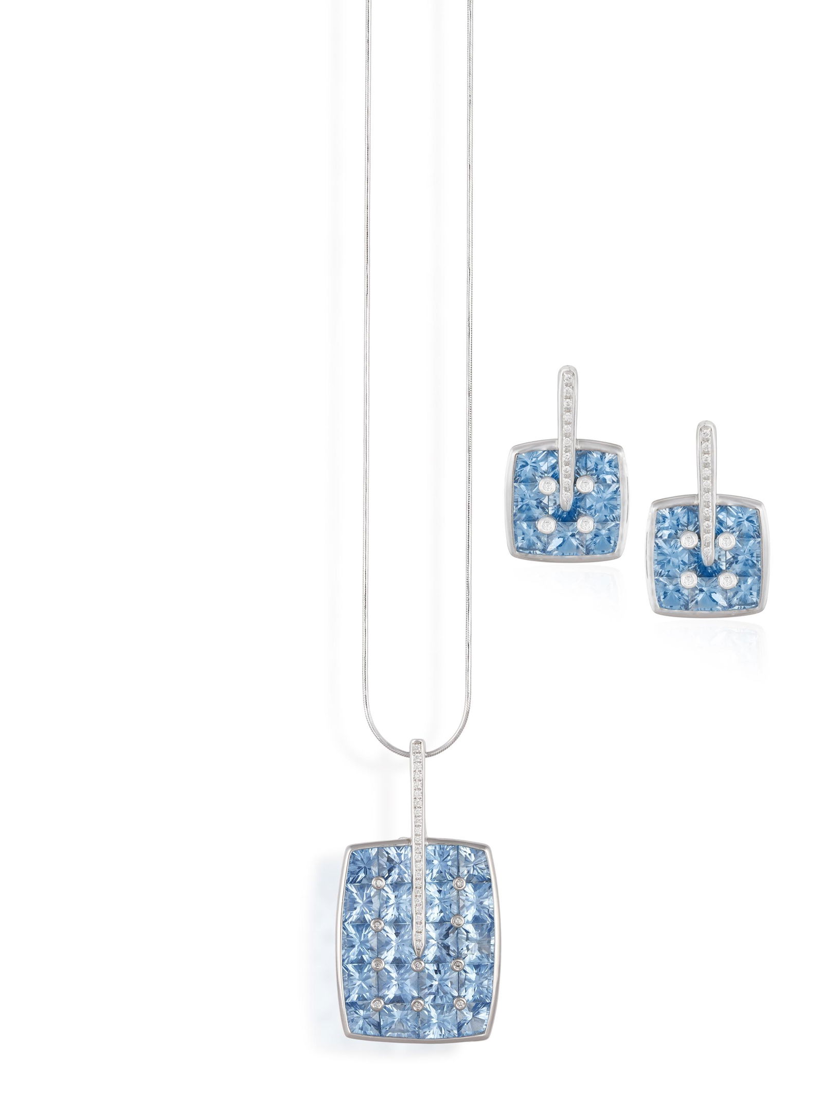 A TOPAZ AND DIAMOND PENDANT ON CHAIN WITH A PAIR OF: A TOPAZ AND DIAMOND PENDANT ON CHAIN WITH A PAIR OF EARRINGS EN SUITE, BY BELLARRI, the pendant set with square mixed-cut blue topaz highlighted with brilliant-cut diamonds suspending from a snake-lin