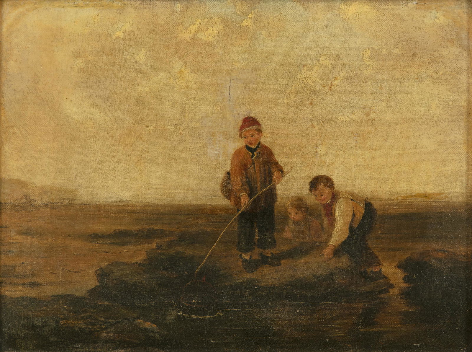 WILLIAM COLLINS RA (1788 - 1847) Three Boys fishing in: WILLIAM COLLINS RA (1788 - 1847) Three Boys fishing in rockpools Oil on canvas, 22.5 x 30.5cm Signed verso (only partially visible due to repair patch)