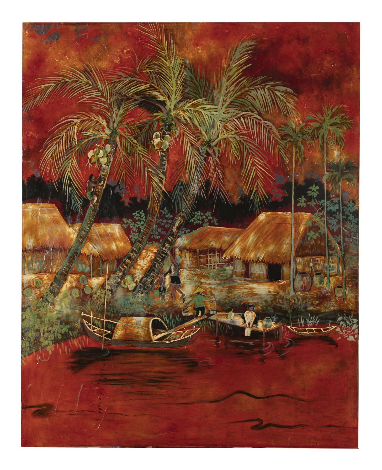 VIETNAMESE SCHOOL (Active in Vietnam, 20th century): VIETNAMESE SCHOOL (Active in Vietnam, 20th century) Thatched houses and palm trees along the Mekong River A lacquered wooden panel Unsigned 79,5 x 64,3 cm