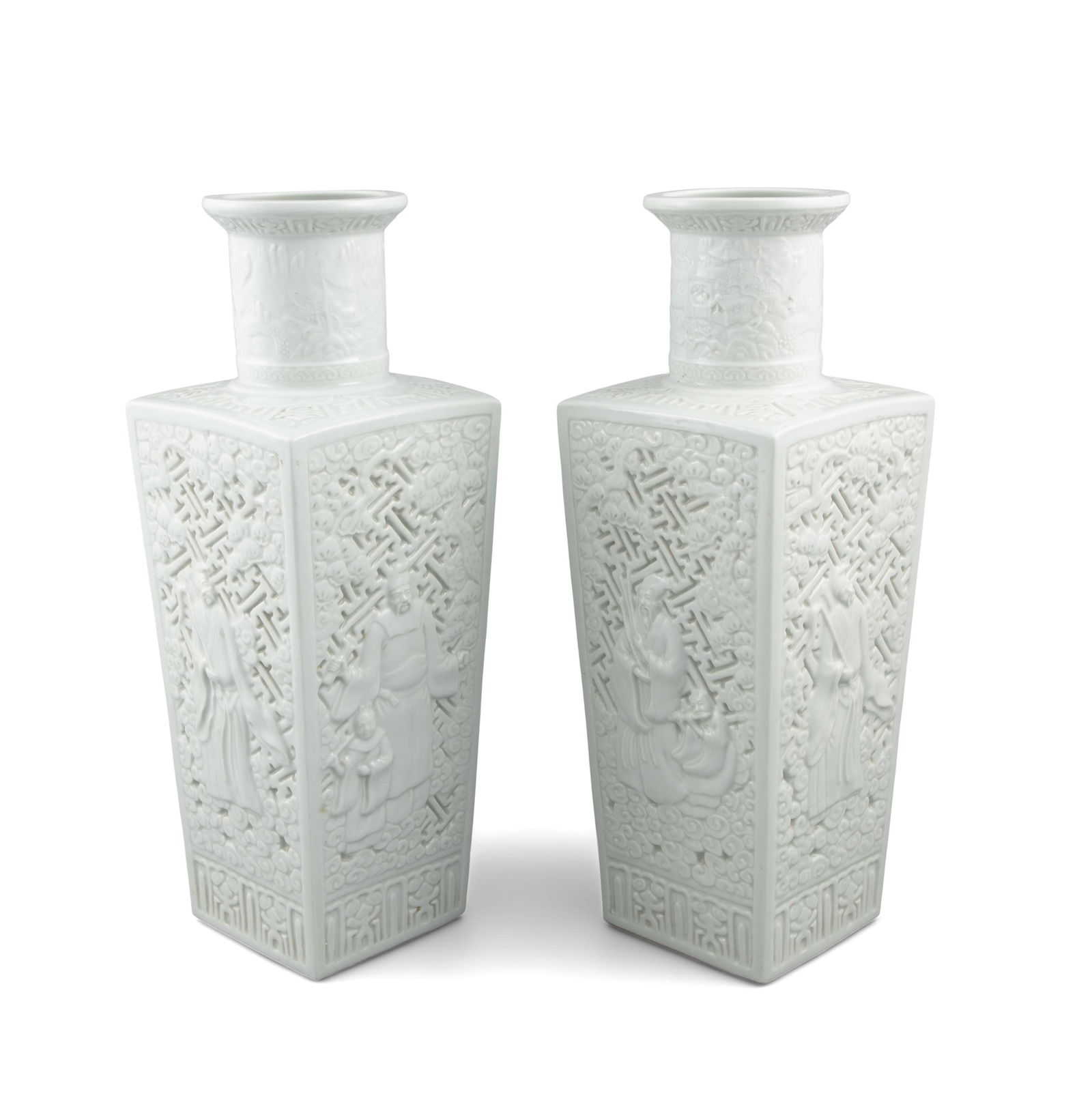 A PAIR OF CHINESE BLANC DE CHINE SQUARE SECTION VASES, (1 of 4)