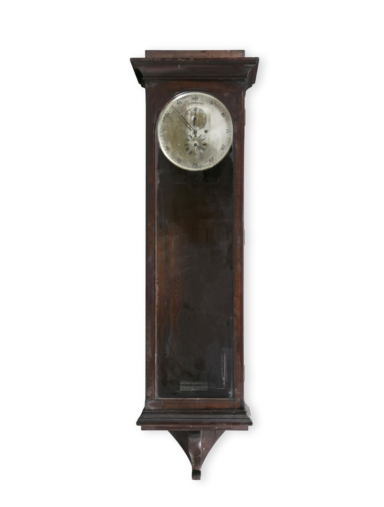 A LARGE 19TH CENTURY REGULATOR WALL CLOCK, the: A LARGE 19TH CENTURY REGULATOR WALL CLOCK, the rectangular case enclosing a silvered metal dial inscribed 'Regulator' with two further subsidiary dials, fitted with a single pole weight over bracket b
