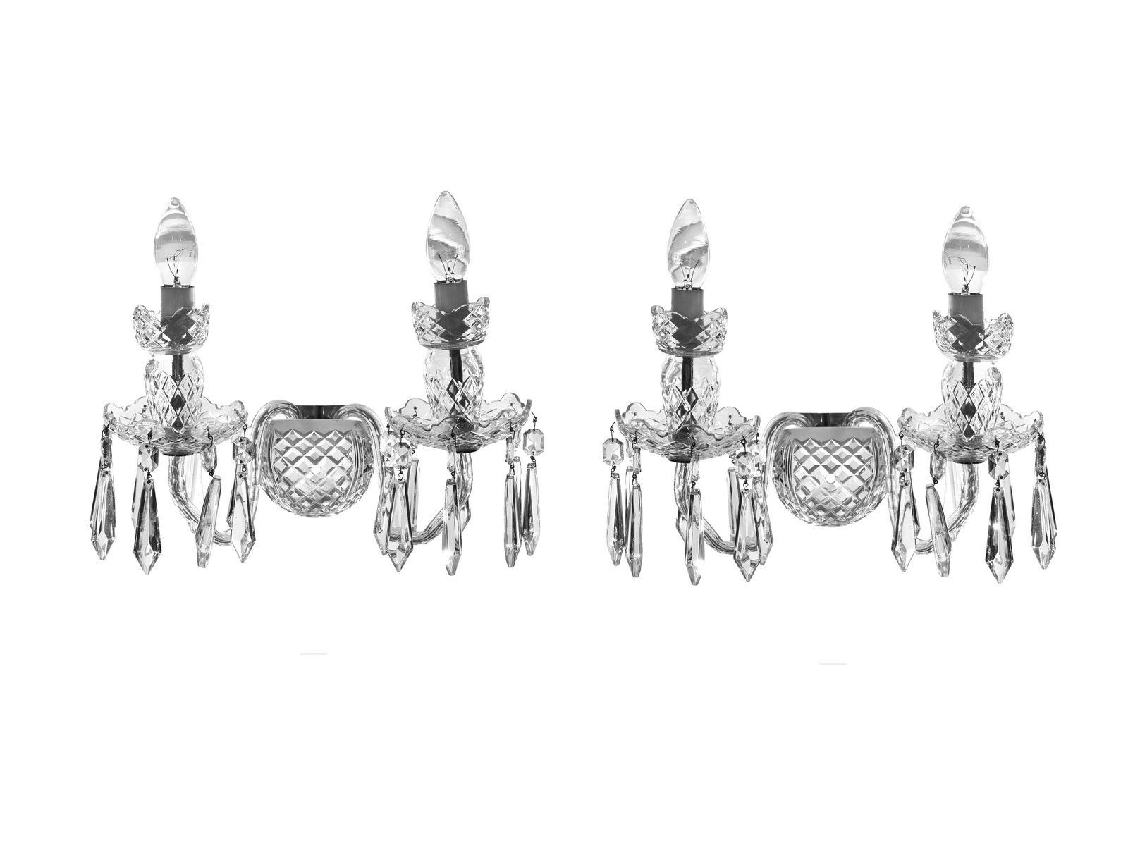 A PAIR OF WATERFORD CUT GLASS TWO BRANCH WALL SCONCES, (1 of 1)
