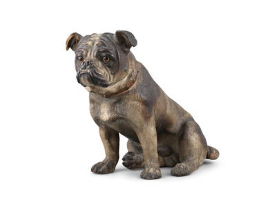 AN ENGLISH PAINTED POTTERY MODEL OF A SEATED BULLDOG, late 19th century, 32cm high: AN ENGLISH PAINTED POTTERY MODEL OF A SEATED BULLDOG, late 19th century, 32cm high