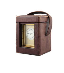 A FRENCH BRASS CASED REPEATING CARRIAGE CLOCK, early 20th century, with shagreen travelling case,: A FRENCH BRASS CASED REPEATING CARRIAGE CLOCK, early 20th century, with shagreen travelling case, the clock with bevelled glass sides and view panel, within simulated bamboo frame, the white enamel