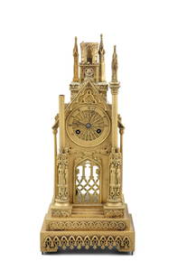 A FRENCH ORMOLU CATHEDRAL CLOCK, C.1830 by Raingo Freres, Paris, of Gothic architectural design,: A FRENCH ORMOLU CATHEDRAL CLOCK, C.1830 by Raingo Freres, Paris, of Gothic architectural design, with pointed finials above a ‘Rosette Window’ housing the drum shaped movement, stamped