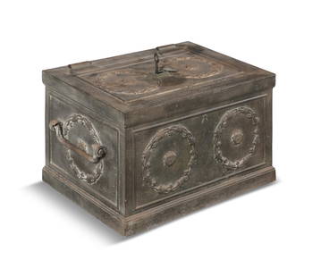 A GEORGIAN CAST IRON STRONG BOX, of rectangular shape, cast with classical roundels to each side,: A GEORGIAN CAST IRON STRONG BOX, of rectangular shape, cast with classical roundels to each side, with side carrying handles. 62 x 42 x 38cm high