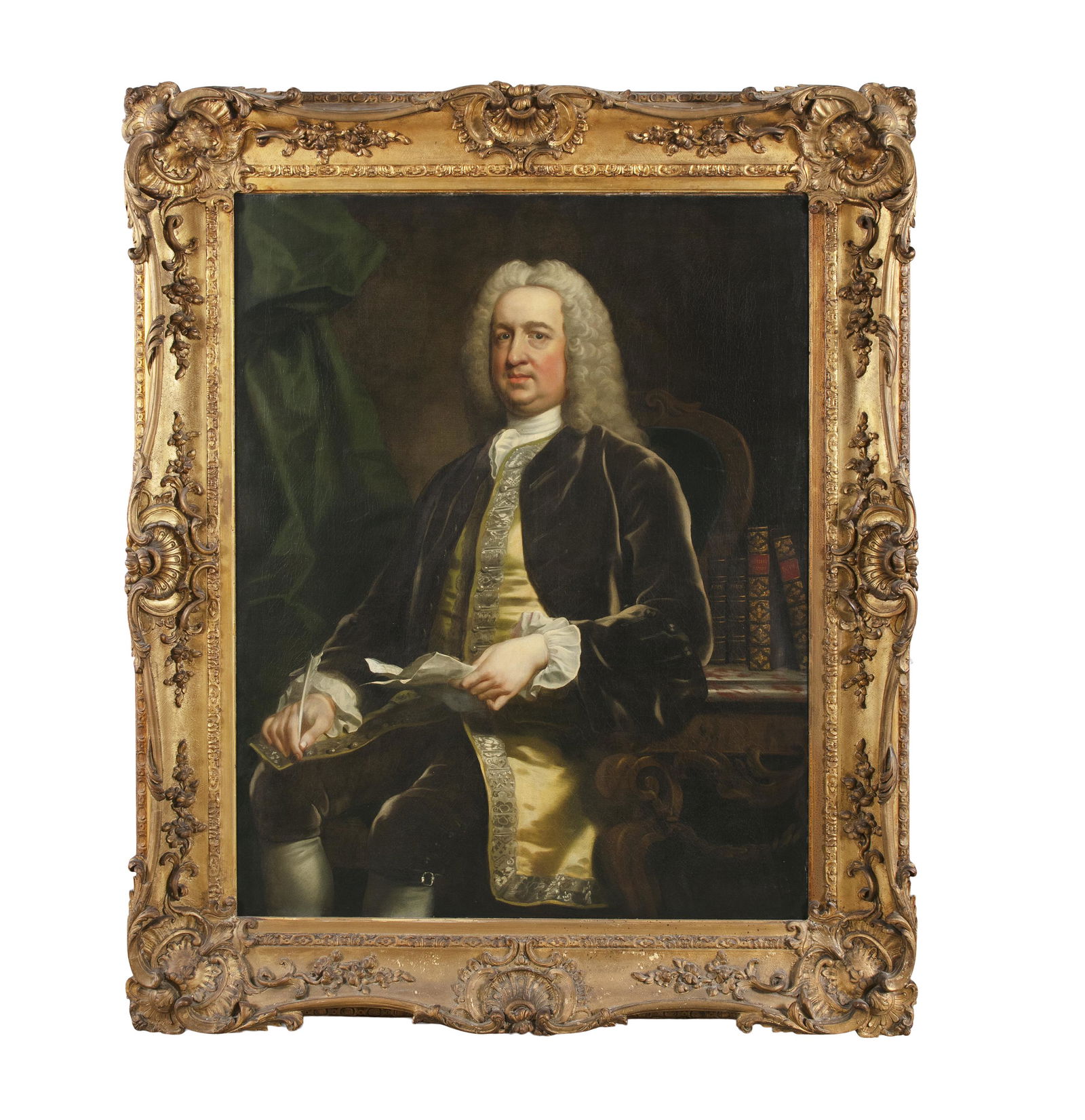 IN THE MANNER OF THOMAS HUDSON (1701-1779) Portrait of a Gentleman, Seated, Three-Quarter Length,: IN THE MANNER OF THOMAS HUDSON (1701-1779) Portrait of a Gentleman, Seated, Three-Quarter Length, beside a gilt marble top table in the style of William Kent, with volumes by Pope, Prior and Chillingw