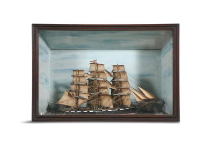 A 19TH CENTURY CASED SHIP DIORAMA, depicting a three-masted schooner. 71cm wide, 46.5cm high, 21cm