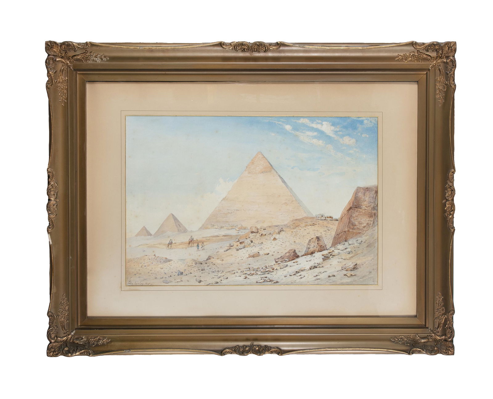 JOHN VARLEY JNR. (1850-1933) Arab Caravan by Pyramids Watercolour, 48 x 74cm Signed: JOHN VARLEY JNR. (1850-1933) Arab Caravan by Pyramids Watercolour, 48 x 74cm Signed