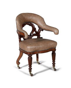 AN EARLY VICTORIAN TUB BACK LIBRARY CHAIR, the open back with carved scroll work and padded leather