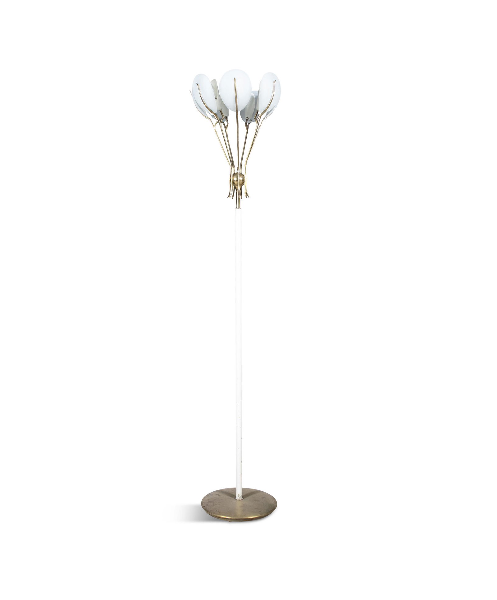 ANGELO LELLI A brass and glass floor lamp by Angelo Lelli for Arredoluce, Italy c.1950. 195cm(h): ANGELO LELLI A brass and glass floor lamp by Angelo Lelli for Arredoluce, Italy c.1950. 195cm(h)