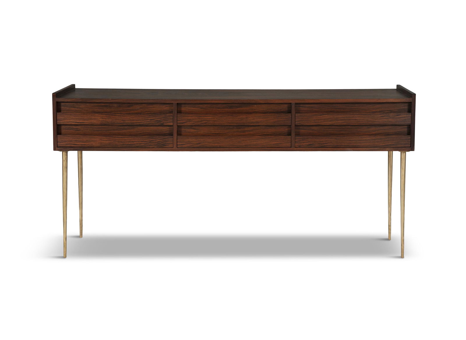 CONSOLE A rosewood console, with six drawers, on four brass legs. 35 x 165.5 x 74cm(h) (1 of 4)
