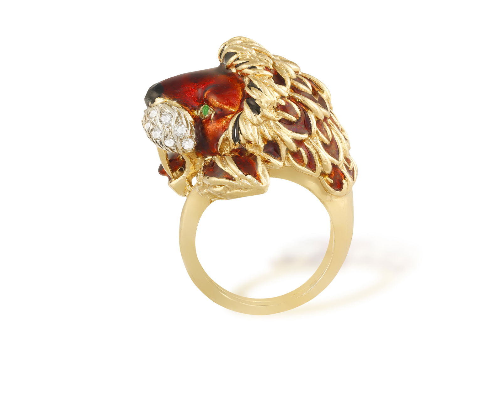 From the private collection of a continental lady  AN ENAMEL, EMERALD AND DIAMOND LION RING, BY (1 of 13)