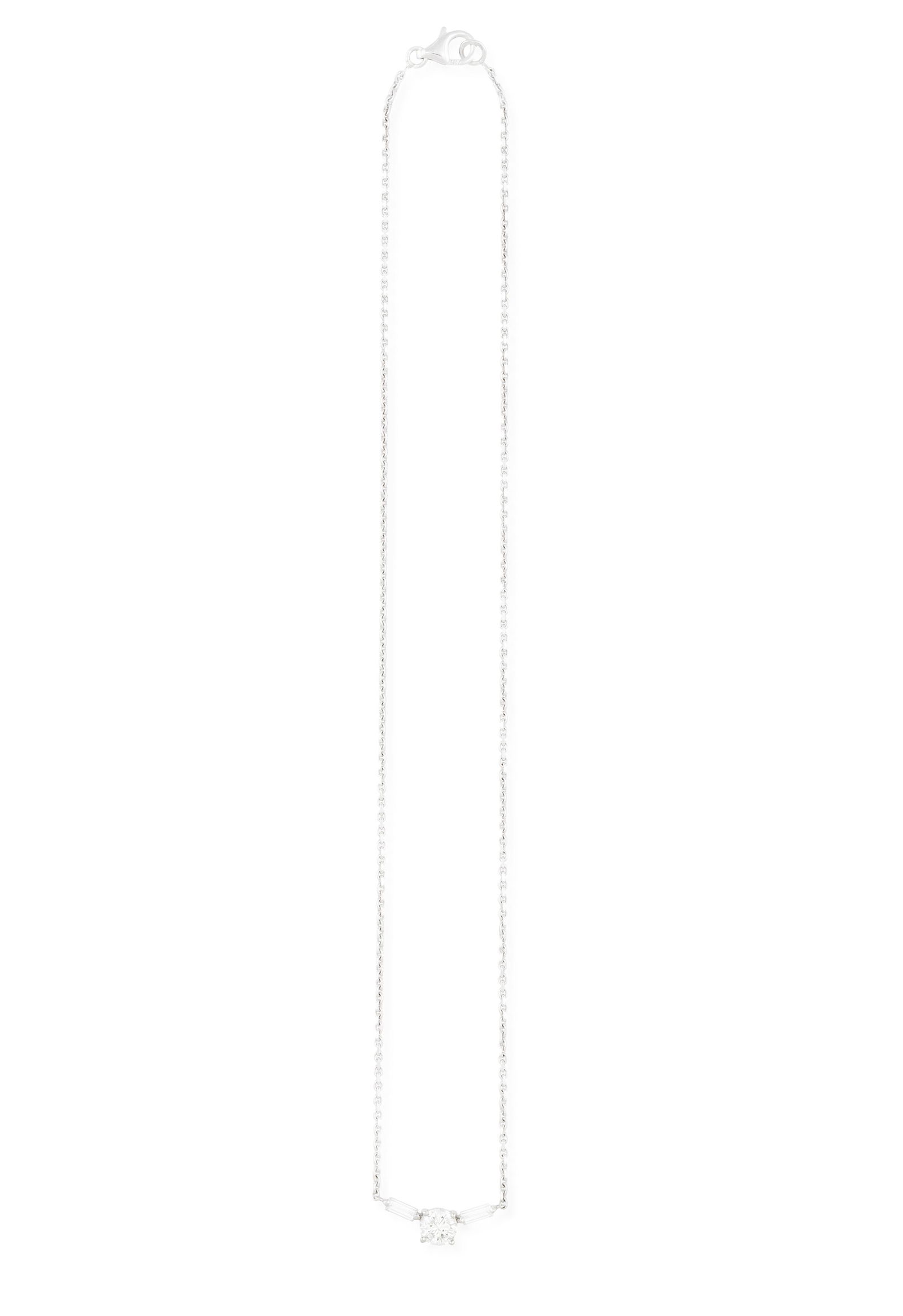 A DIAMOND PENDANT ON CHAIN The central brilliant-cut diamond weighing approximately 0.95ct within a: A DIAMOND PENDANT ON CHAIN The central brilliant-cut diamond weighing approximately 0.95ct within a four-claw setting and between baguette-cut diamond shoulders, suspending from a cable-link chain, mo