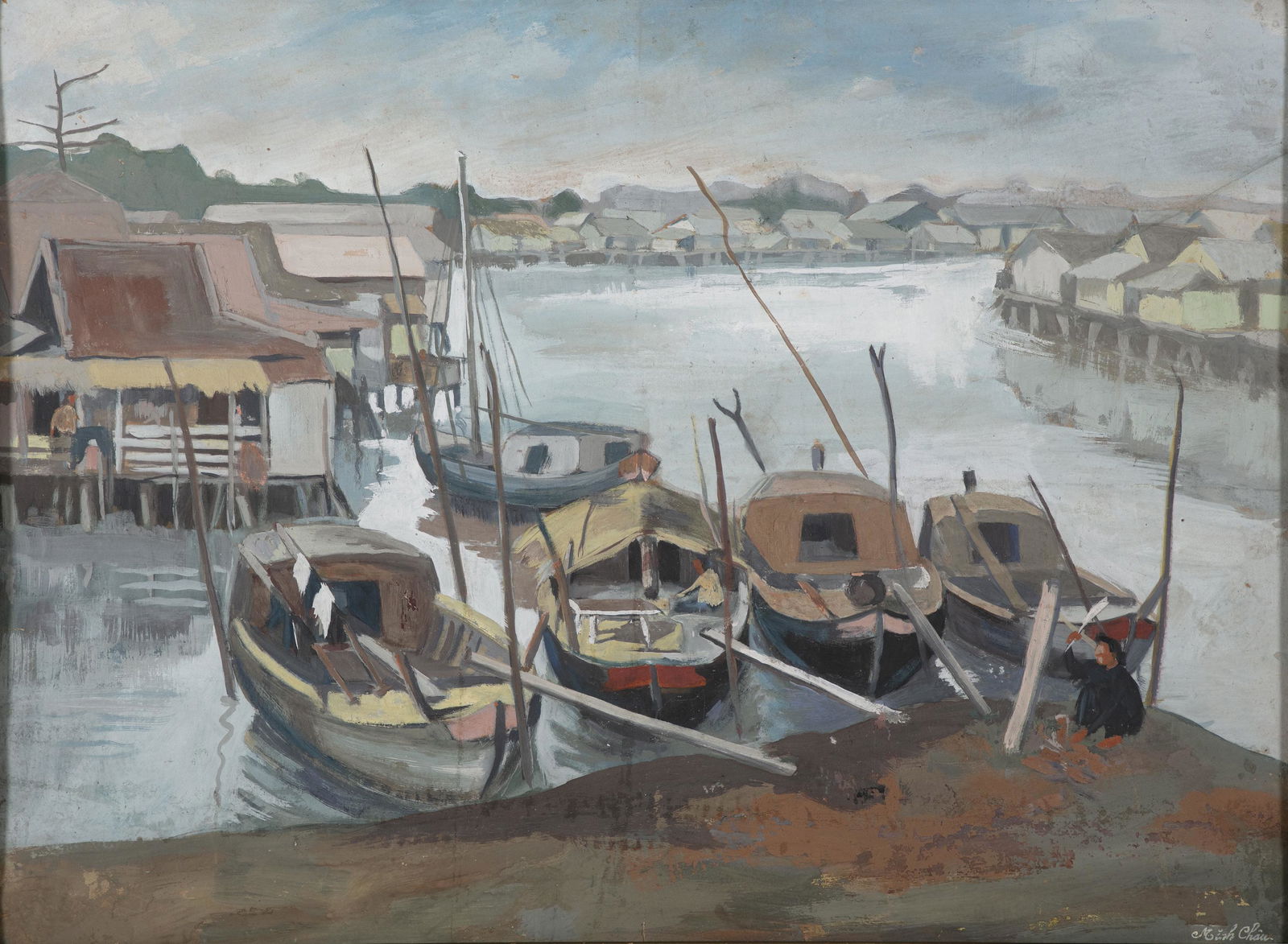 VIETNAMESE SCHOOL (VIETNAM, 20TH CENTURY) Sampans amarrés dans le port de Saïgon - Moored: VIETNAMESE SCHOOL (VIETNAM, 20TH CENTURY) Sampans amarrés dans le port de Saïgon - Moored sampan boats in Saïgon harbour Gouache on paper 48 x 64,3 cm TRƯỜNG HỌC VIN
