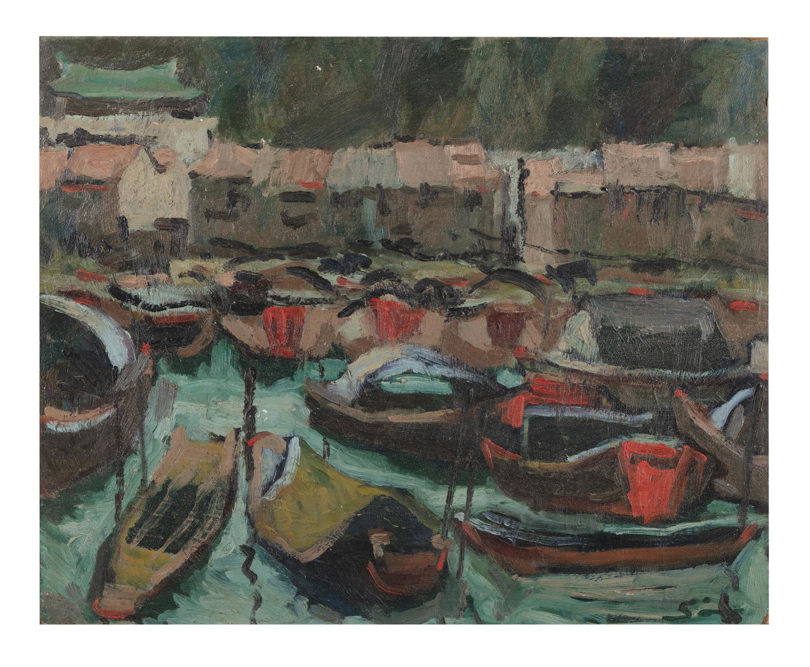 VIETNAMESE SCHOOL (VIETNAM, ACTIVE 20TH CENTURY) Marché flottant sur le port de Saïgon -: VIETNAMESE SCHOOL (VIETNAM, ACTIVE 20TH CENTURY) Marché flottant sur le port de Saïgon - Floating market in Saigon harbour Oil on masonite Signed on the lower right 49,9 x 60,5 cm TRƯ&#