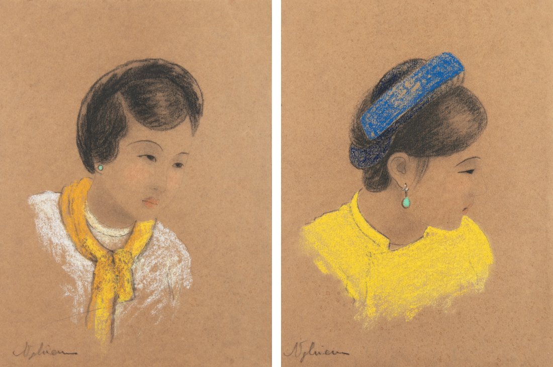 VIETNAMESE SCHOOL (Vietnam, Active circa 1930s)  POSSIBLY NGUYEN HIEU  Suite de deux portraits (1 of 3)