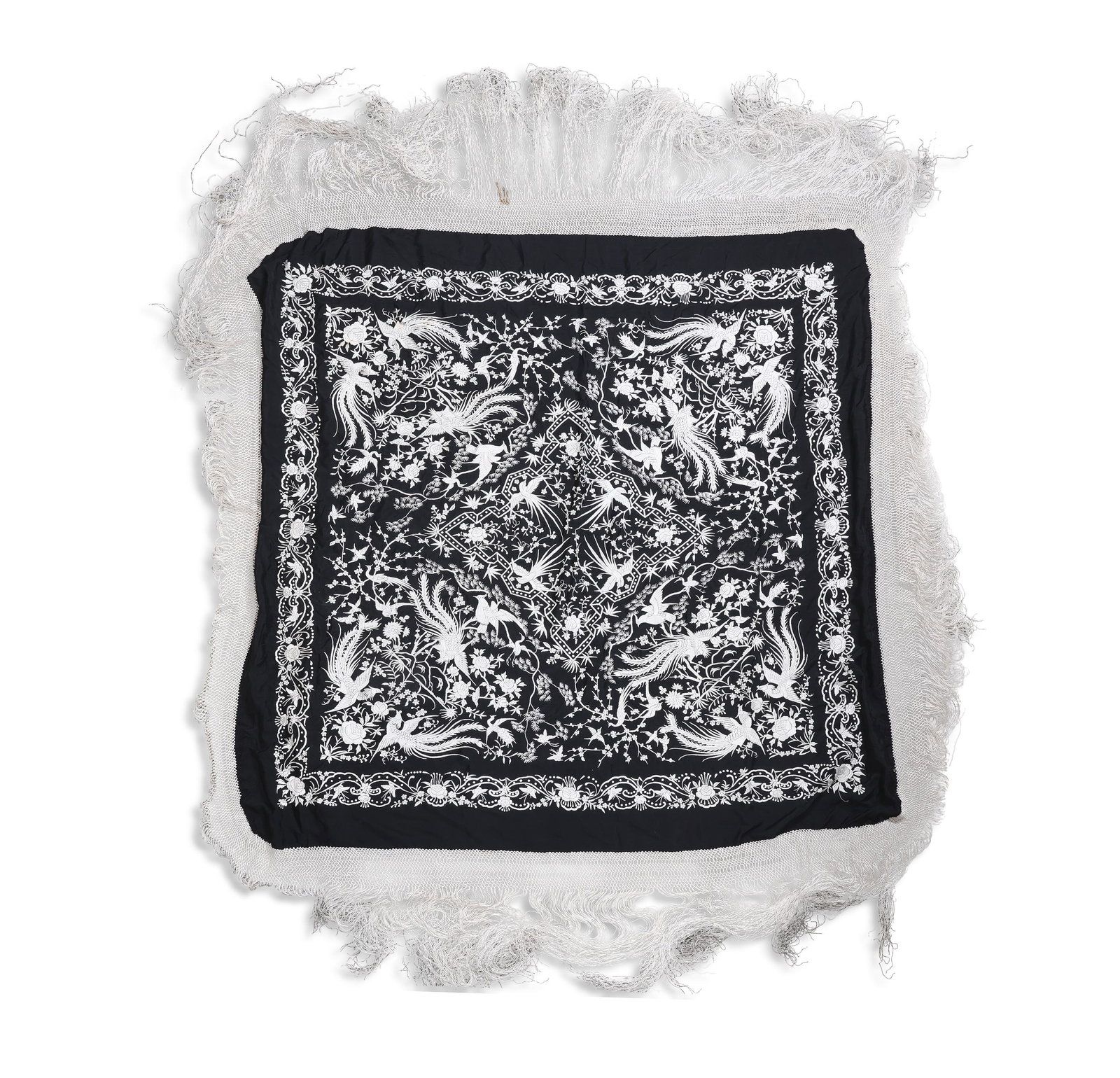 A FINE CHINESE BLACK AND WHITE EMBROIDERY, of squared shape decorated with phoenix birds, peonies,: A FINE CHINESE BLACK AND WHITE EMBROIDERY, of squared shape decorated with phoenix birds, peonies, prunus and flower blossoms, the silkwork panel approx. 127cm squared.