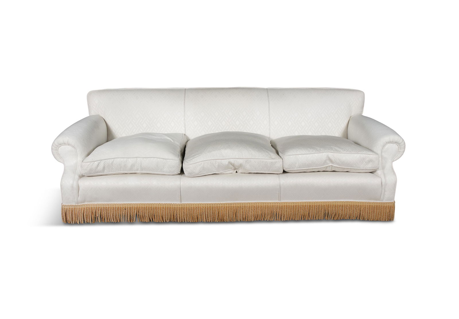 A PAIR OF UPHOLSTERED CREAM COLOURED THREE SEATER SETTEES, with loose seat cushions, rope twist: A PAIR OF UPHOLSTERED CREAM COLOURED THREE SEATER SETTEES, with loose seat cushions, rope twist fringes and turned bun feet. Each 237cm wide, 80cm high, 90cm deep