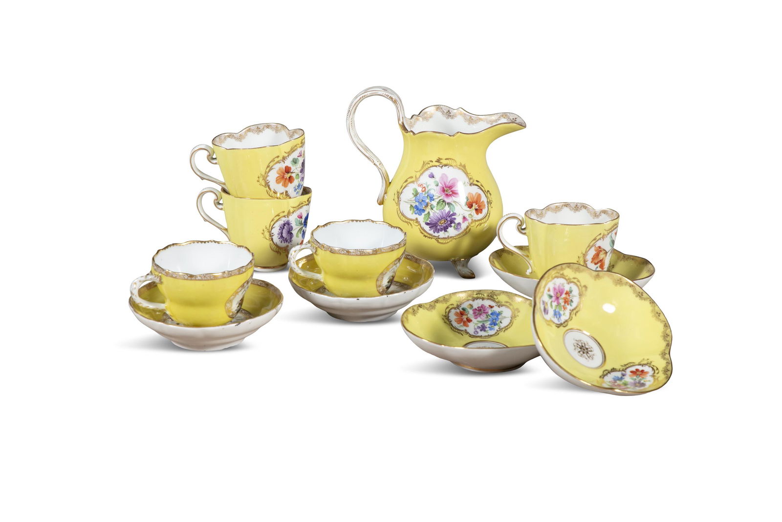 A MEISSEN YELLOW GROUND CABINET TEASET, each painted with floral vignettes and gilt decoration (7) (1 of 1)